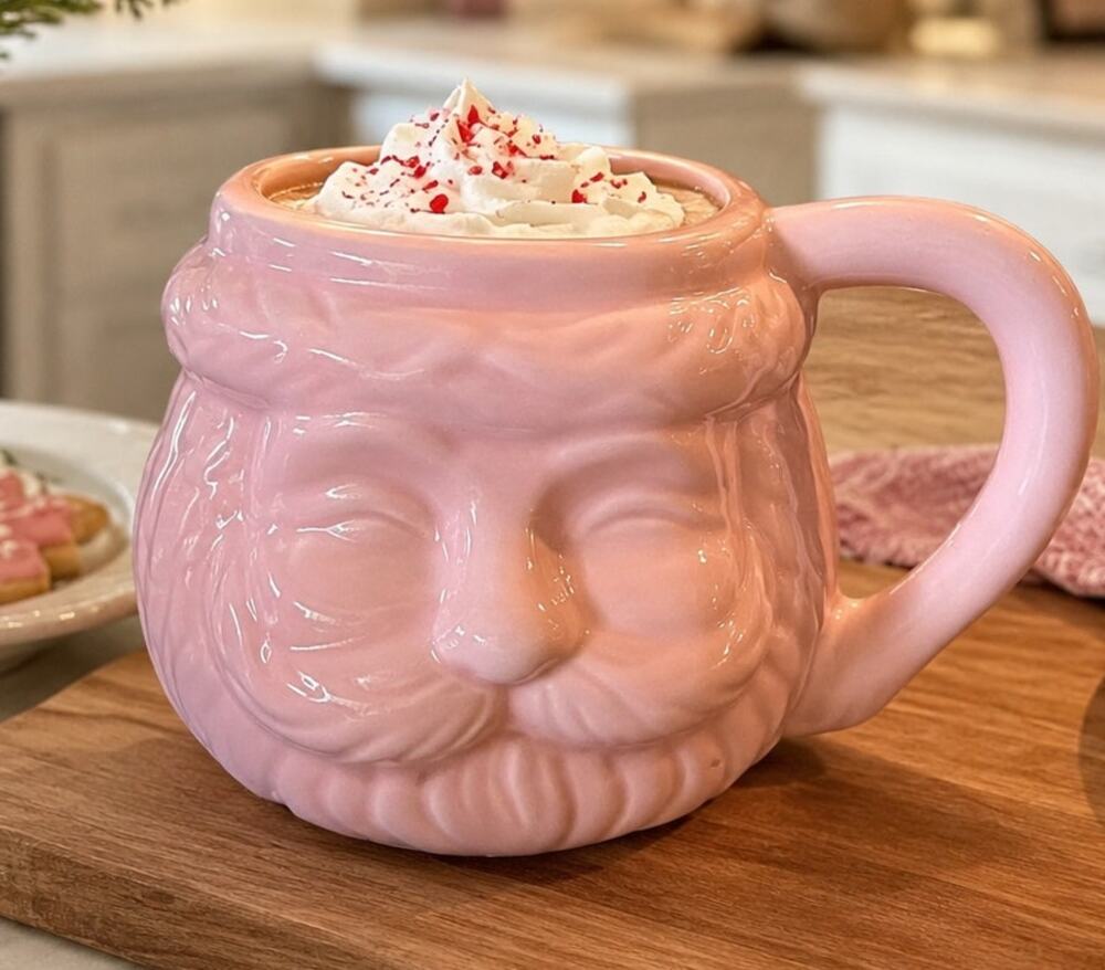 Pink Santa Face Christmas Mug Earthenware Coffee Cocoa Cup Food Safe